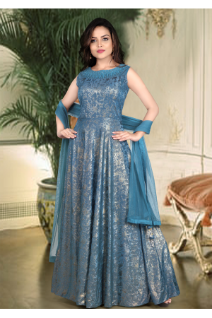Crystal Blue Color Art Silk Designer Gown